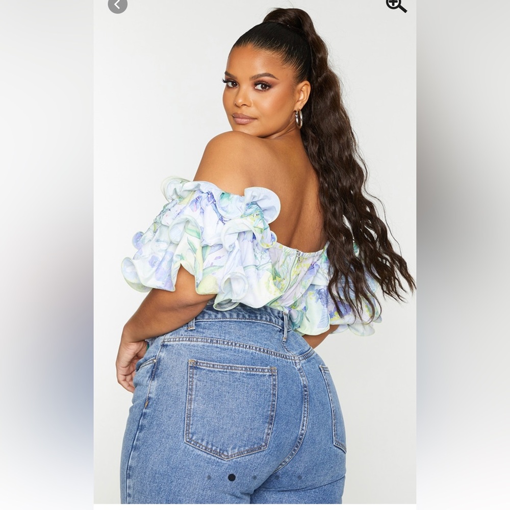 White floral Ruffle puff sleeve Bardot crop top